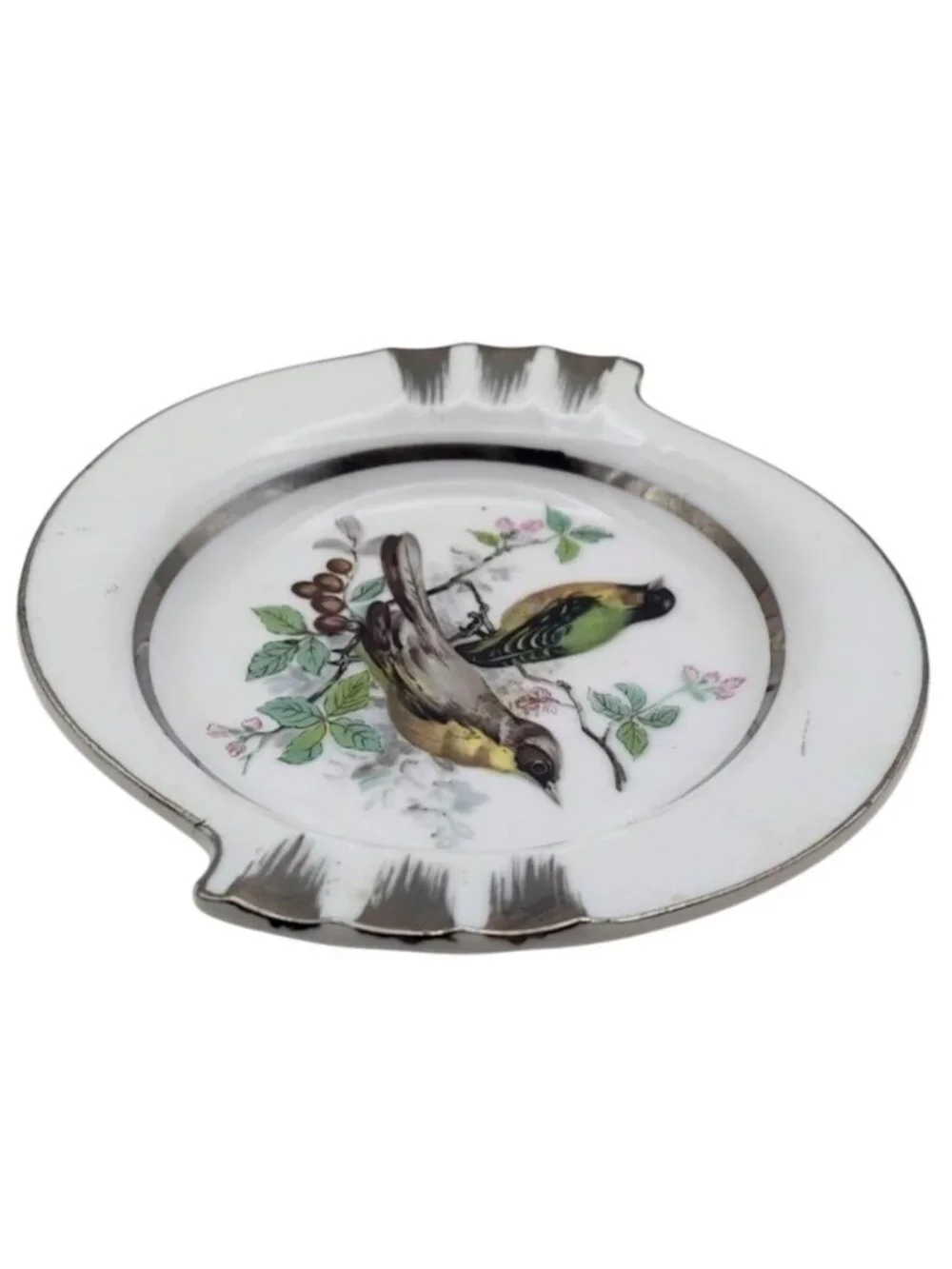 Norleans Porcelain Ashtray With Bird Motif & Silver Trim Japan Vintage MCM